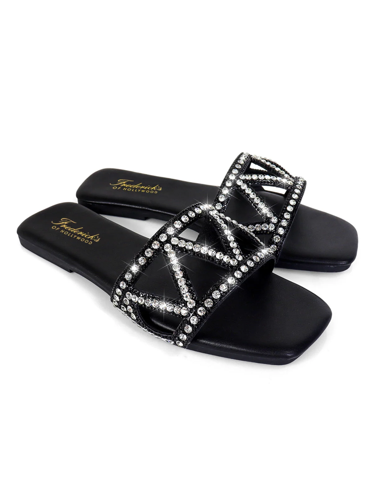 Lucy Rhinestone Flat Sandal in Black with Square Toe