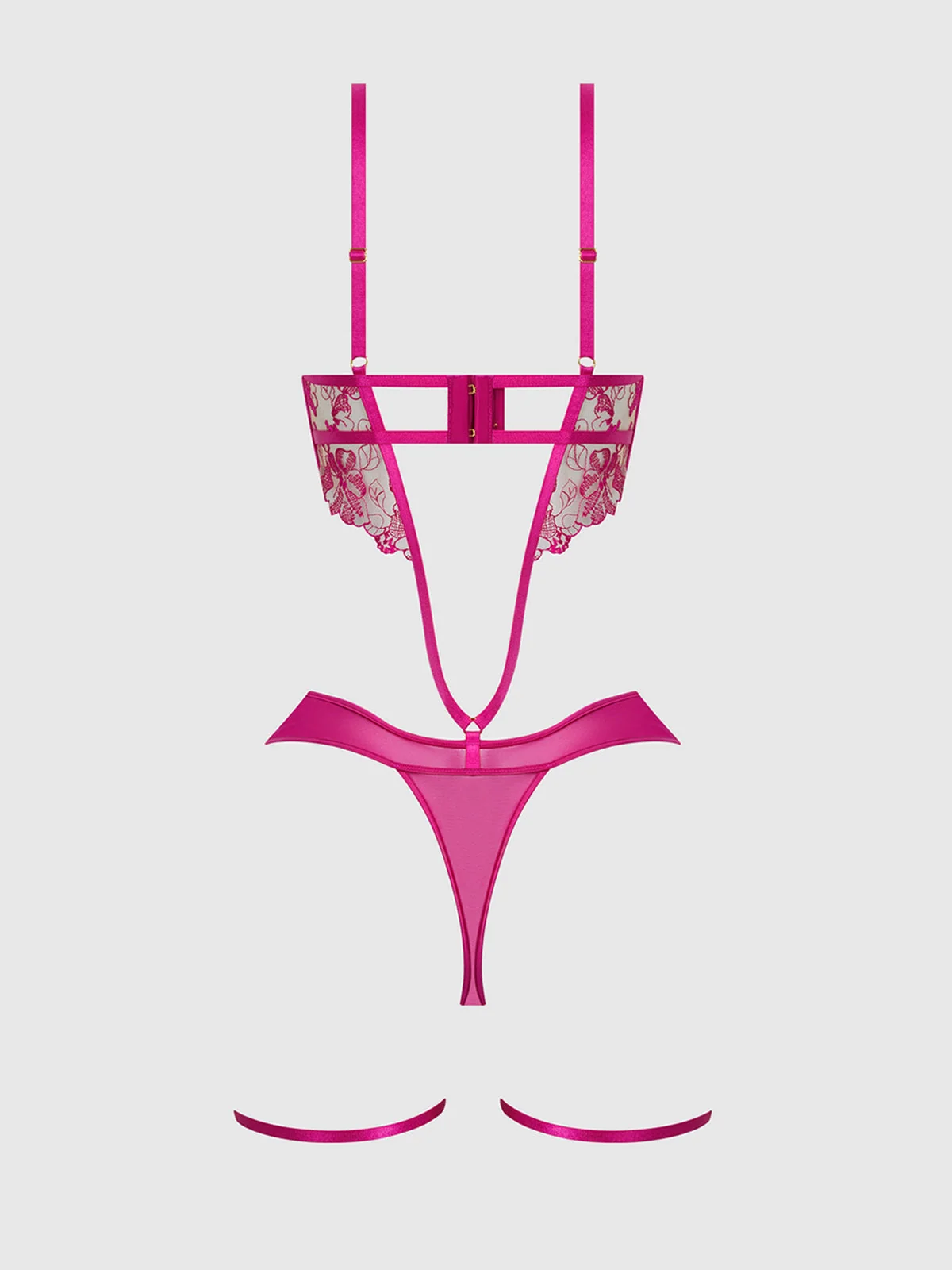 Venus Lace Strappy Teddy with Thigh Garters in Pink Dragon