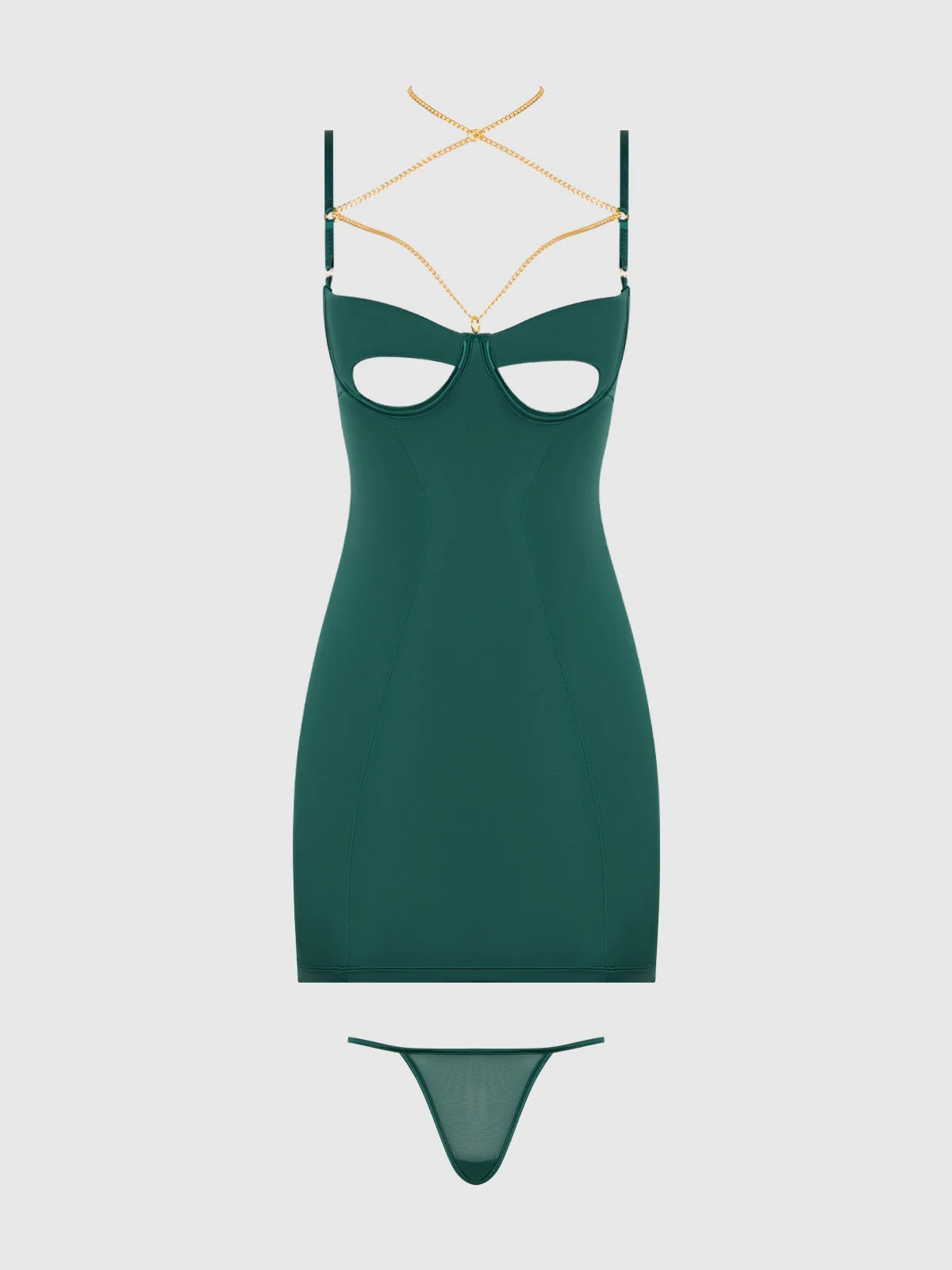 Emery Liquid Satin and Chain Open Cup Back Chemise Set in Emerald