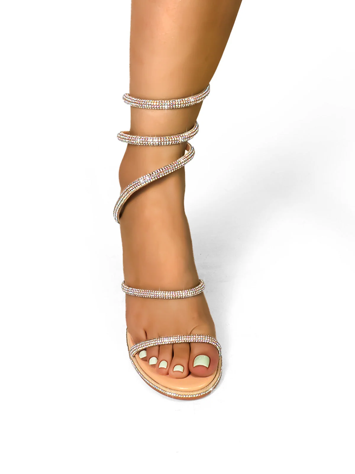 Lexia Rhinestone Heel With Spiral Straps in Nude