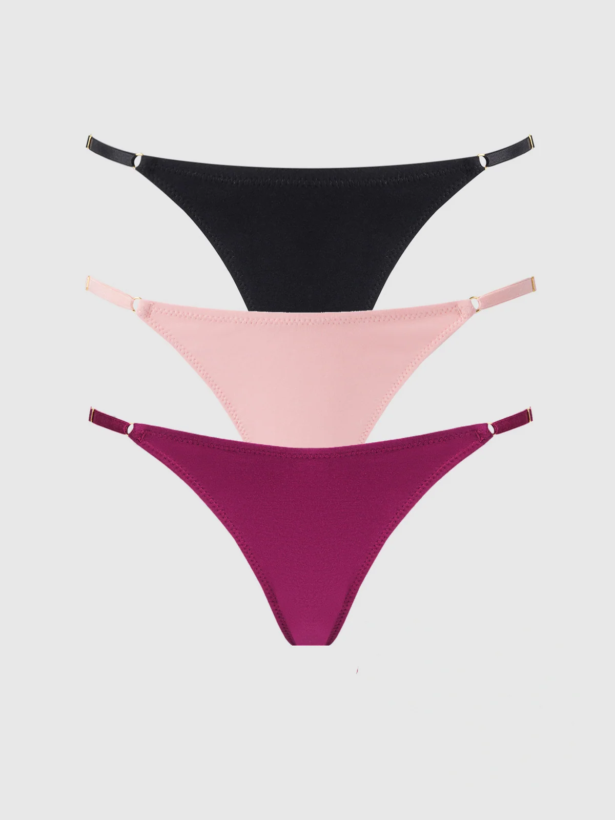 Bailey Stretch Cotton Thong 3 Pack in Black, Pink, Plum and Purple