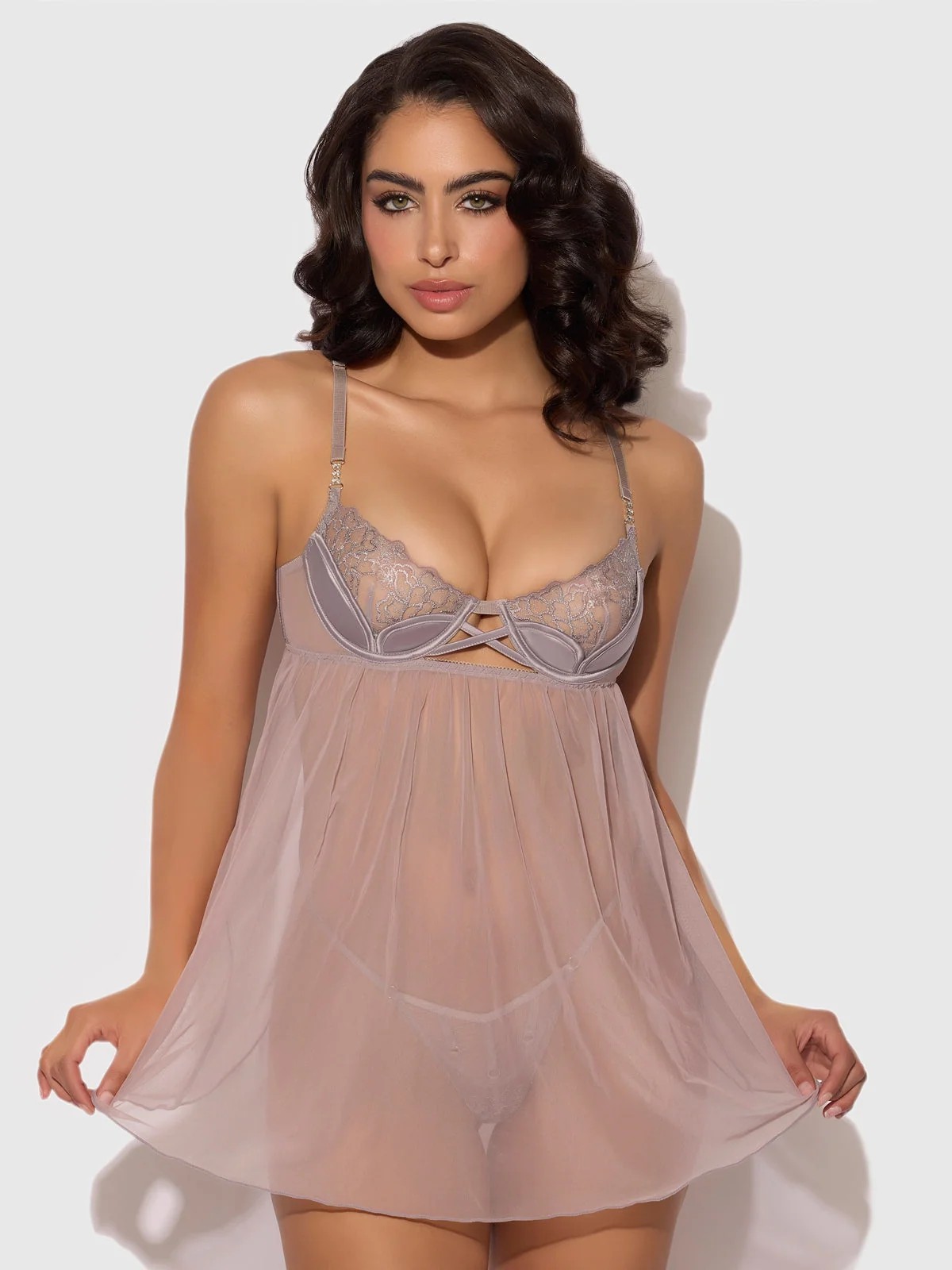 Wren Satin & Embroidered Tulip Demi Babydoll in Grey