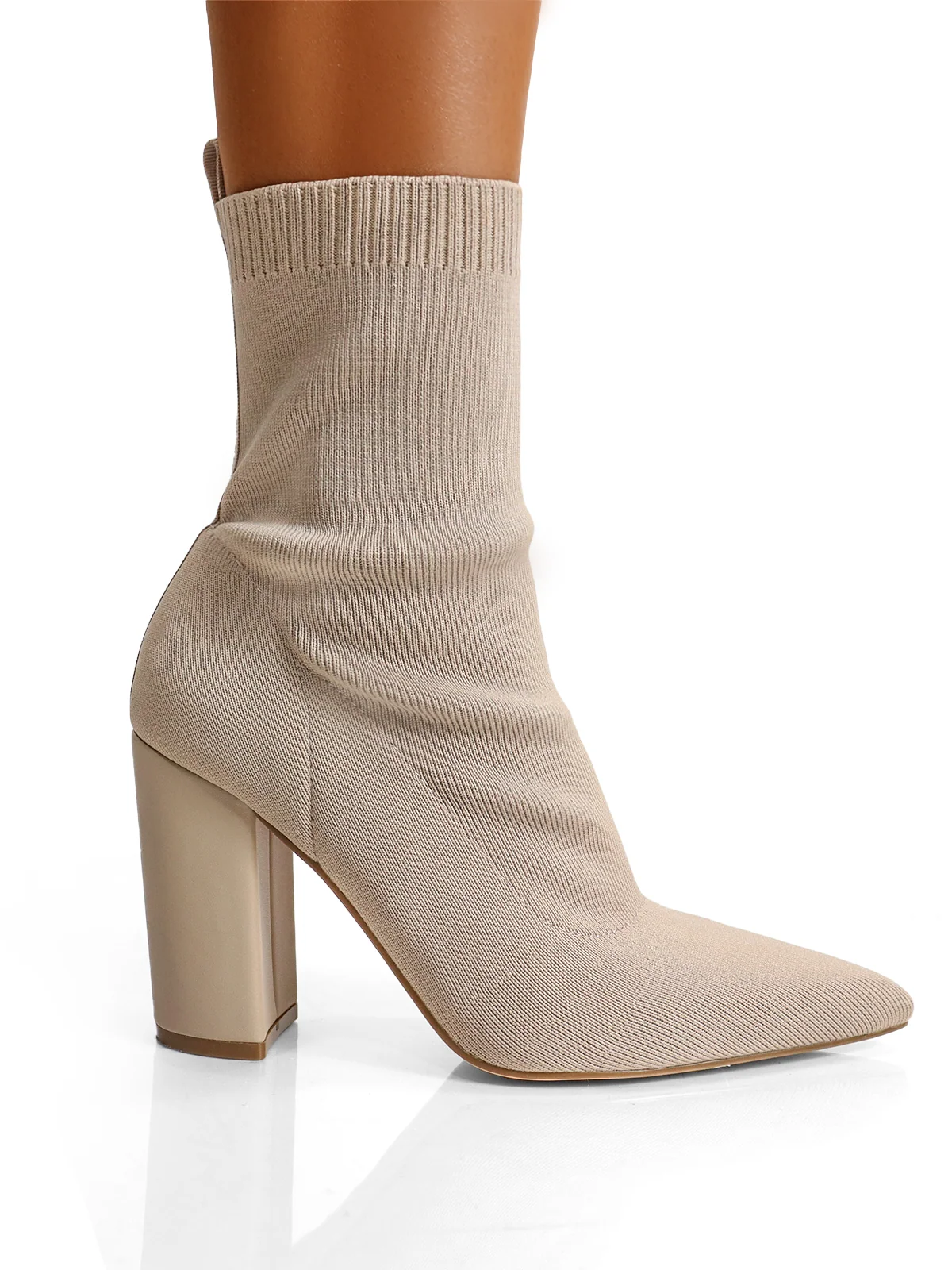 Patty Heeled Ankle Boots in Beige Knit with Stacked Heel