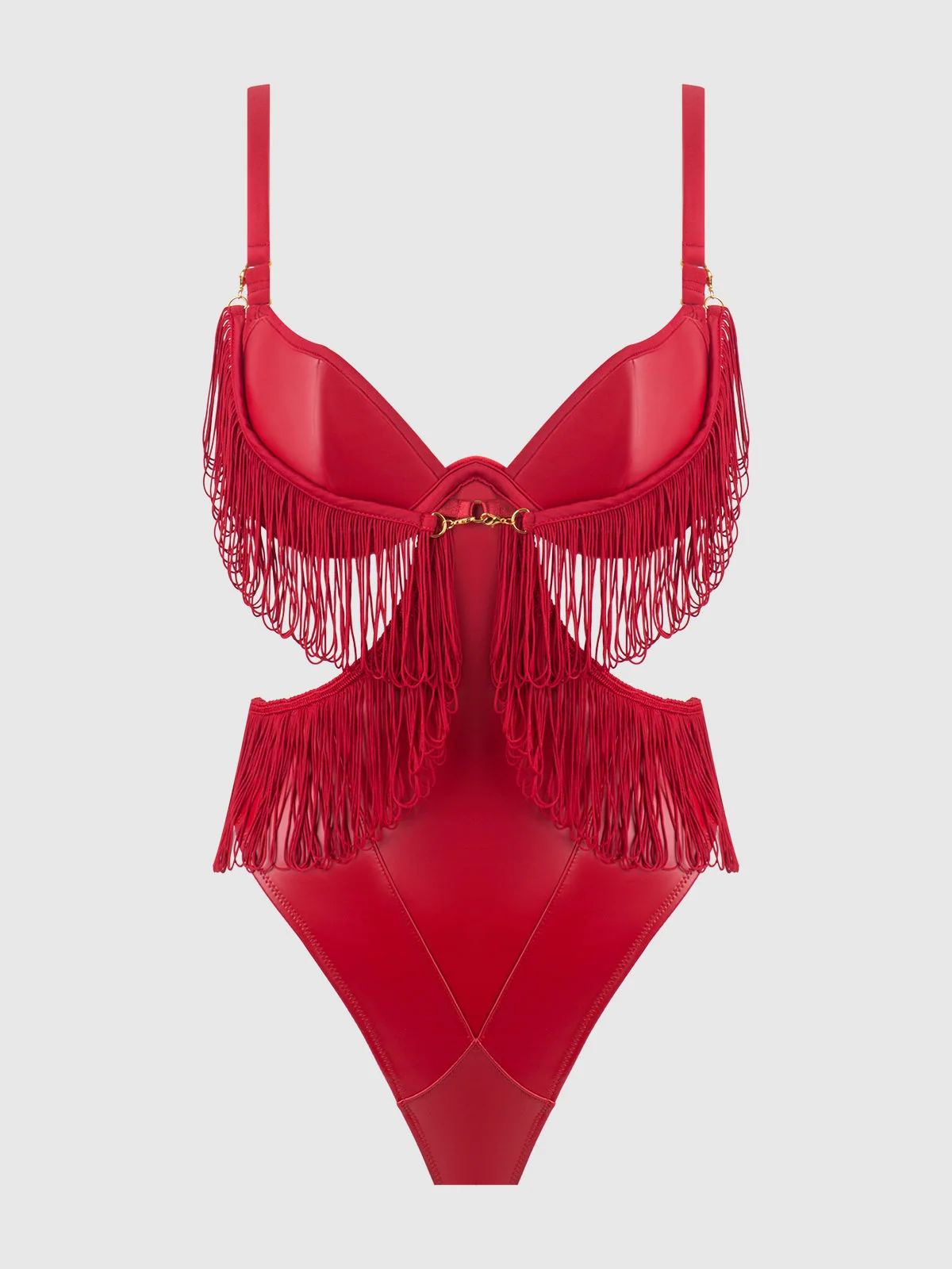 Hendrix Faux Leather & Fringe Crotchless Teddy in Crimson Red