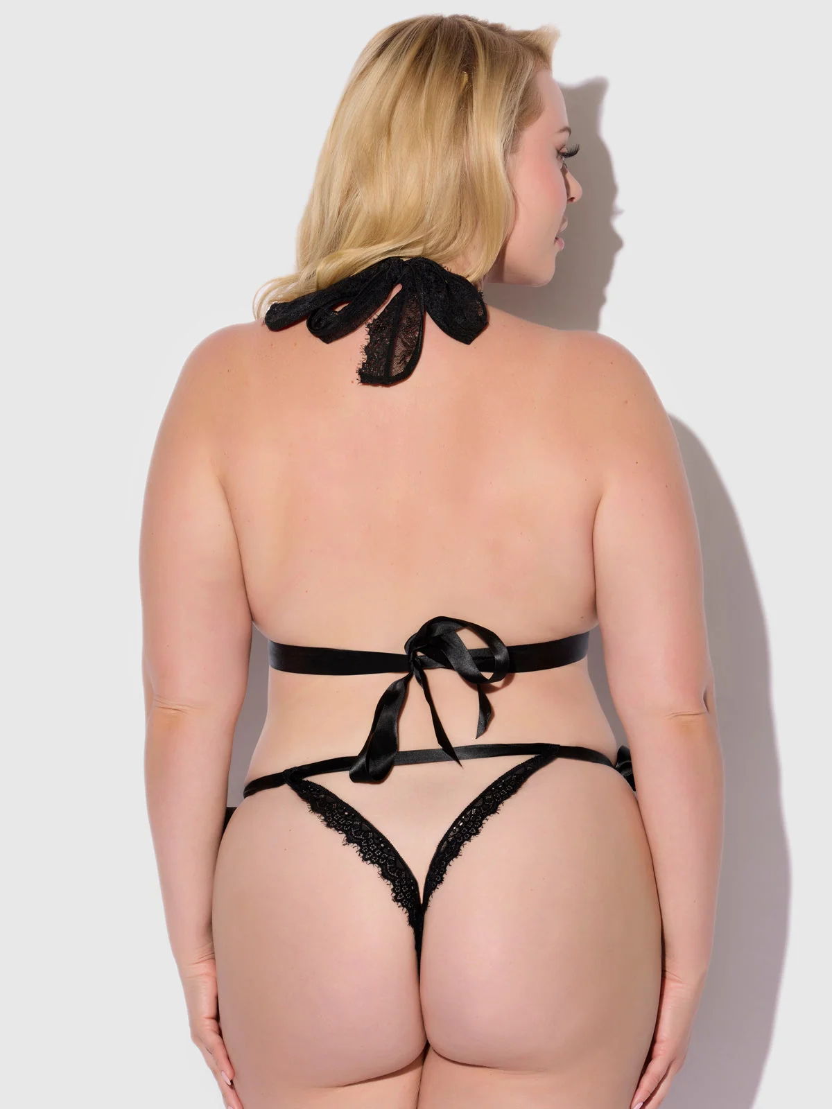 Rosalind Satin & Lace Drop Off Crotchless Teddy in Black