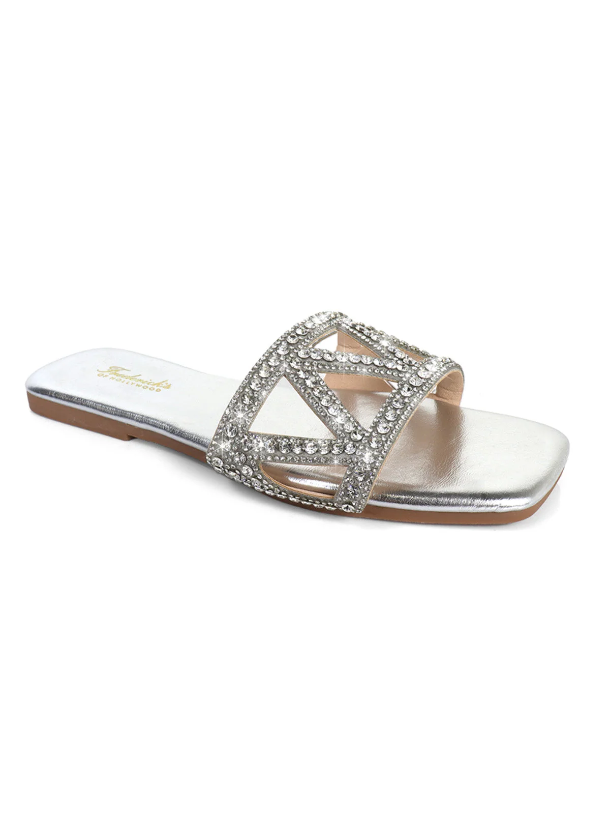 Lucy Rhinestone Flat Sandal in Silver with Square Toe