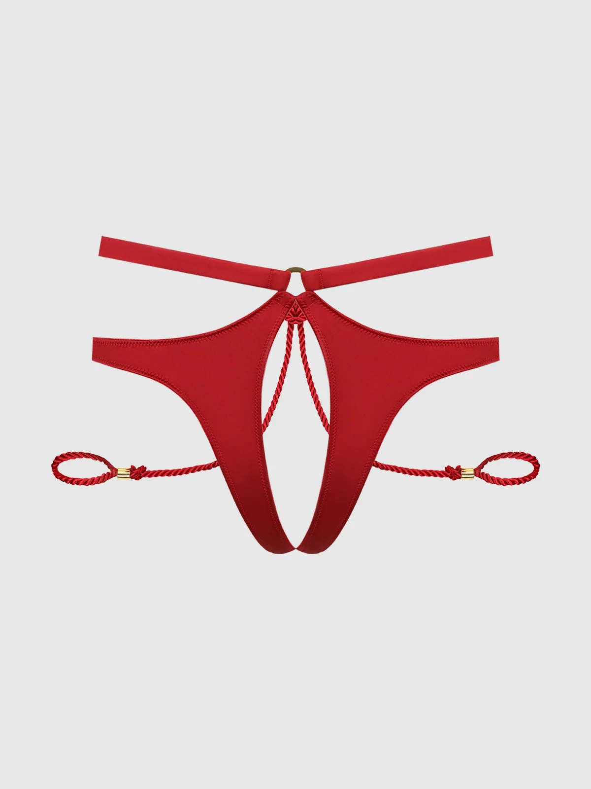 Nadya Liquid Satin and Rope Crotchless Hipster with Hand Cuff in Crimson Red