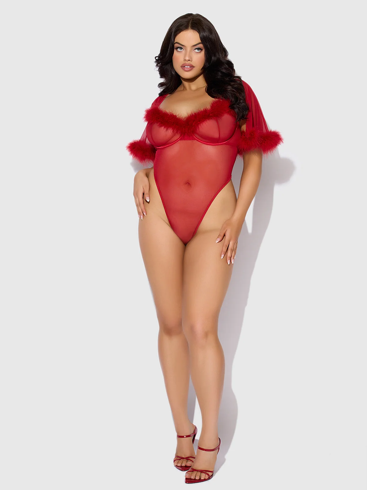 Scarlett Bell Sleeved Marabou 深红色连体衣