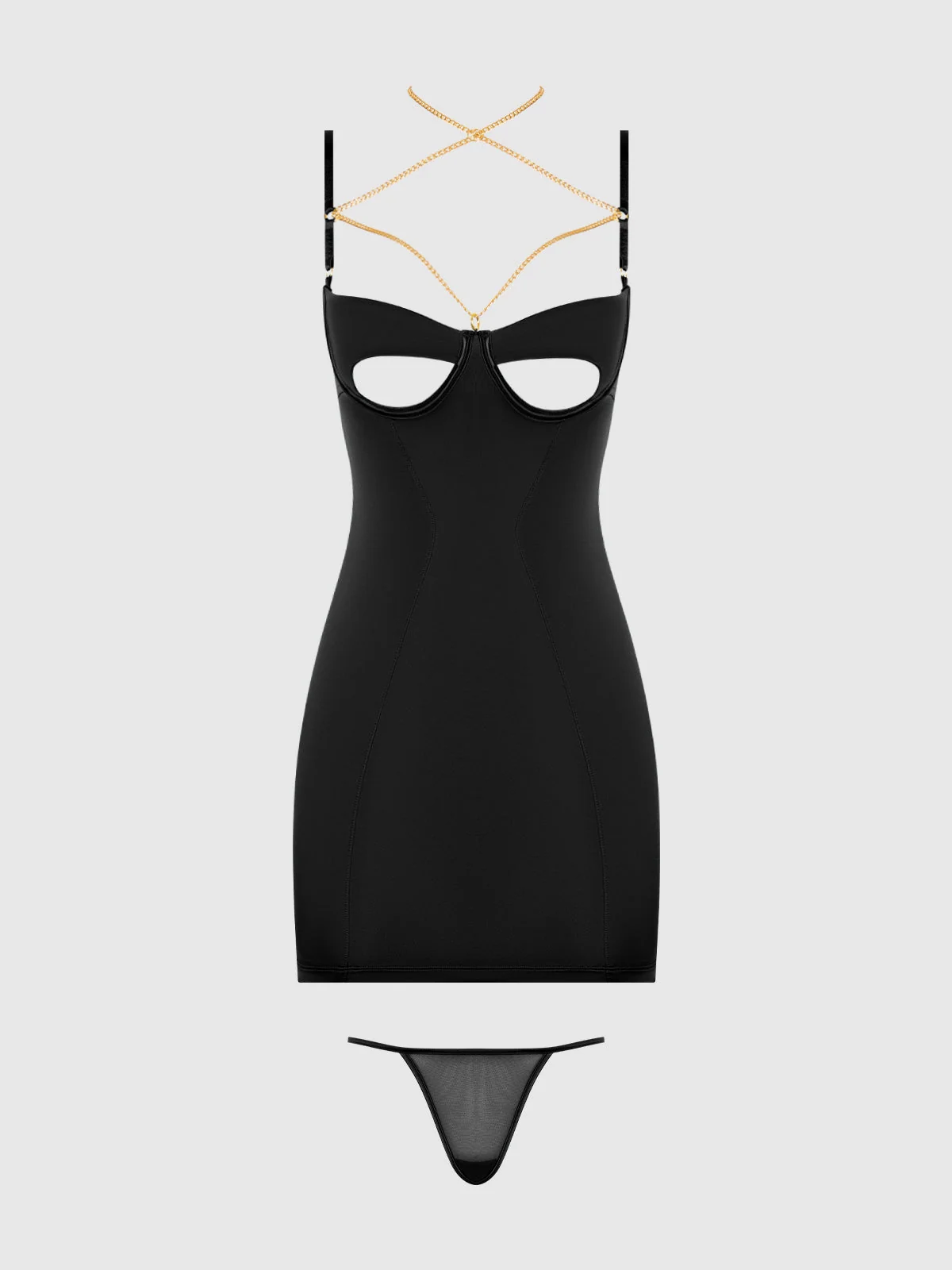 Emery Liquid Satin and Chain Open Cup Back Chemise Set in Black