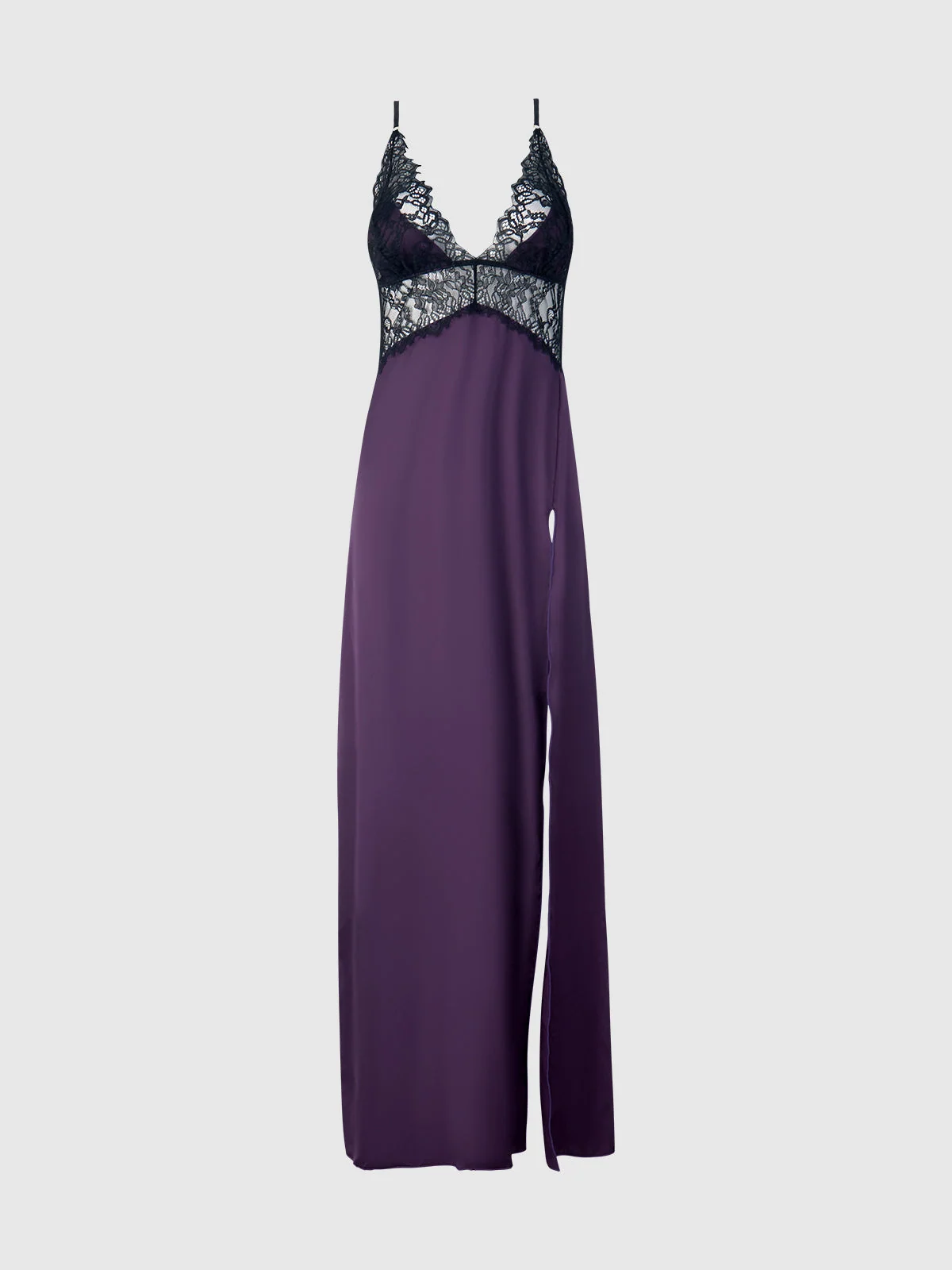 Rosalind Satin & Lace Long High Slit Gown in Purple Black