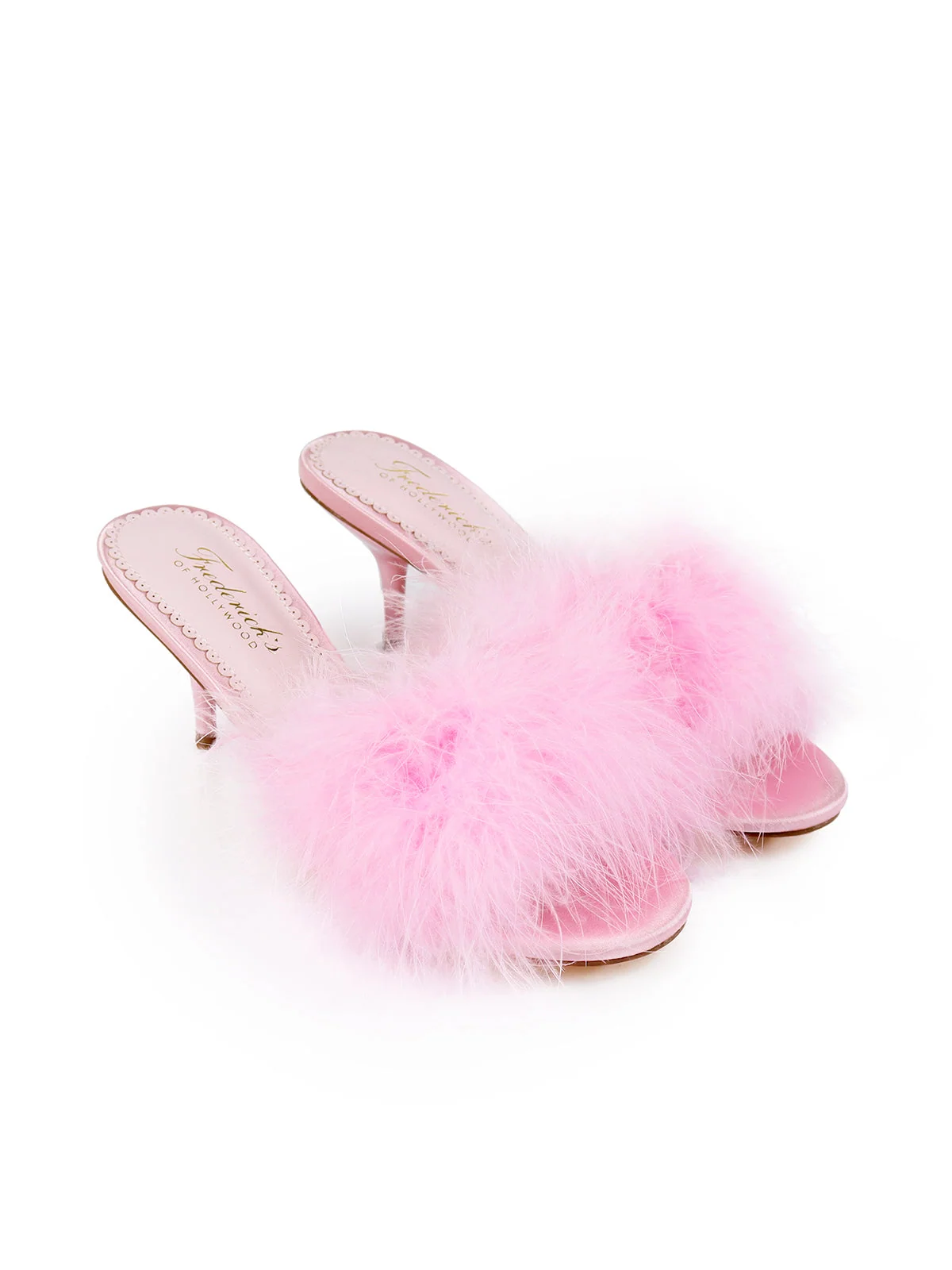 Luxor Feather Mule in Baby Pink Kitten Heel