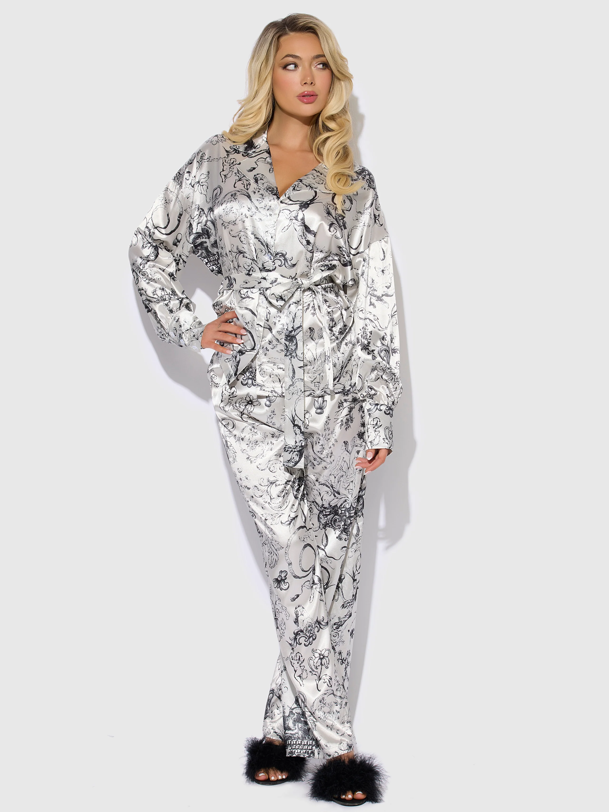 Scarlett Satin Long Sleeve Tie Top and Long Pant Sleep Set