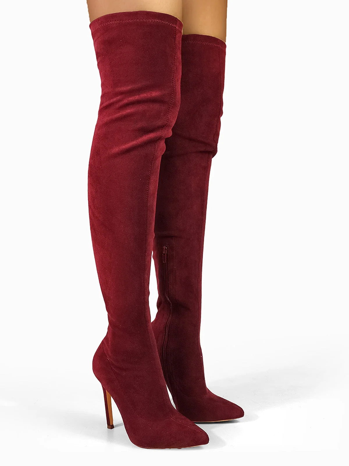Gisele Stretchy Over-the-Knee Heeled Boots in Wine Suede