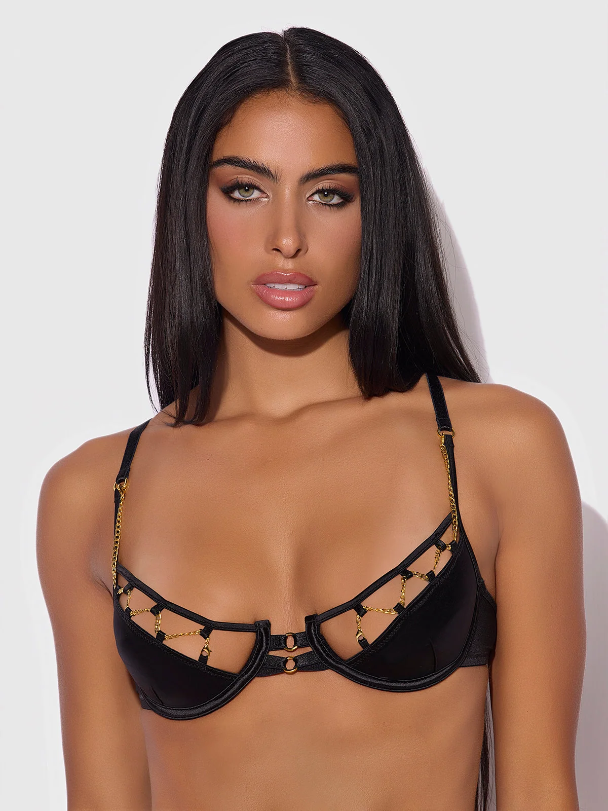 Emery Liquid Satin and Chain Bra in Black