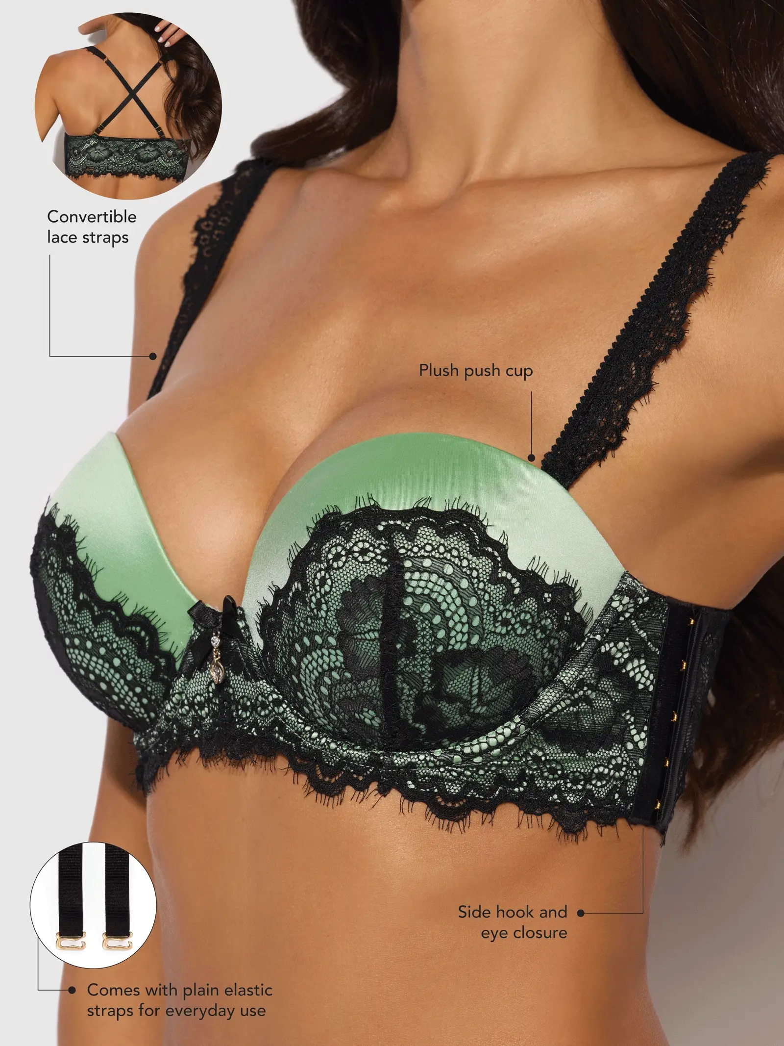 Lexi Lace Strapless Push Up Bra in Regal Mint and Black