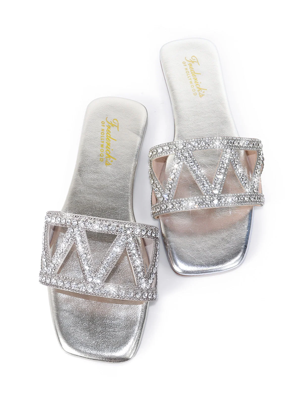 Lucy Rhinestone Flat Sandal in Silver with Square Toe