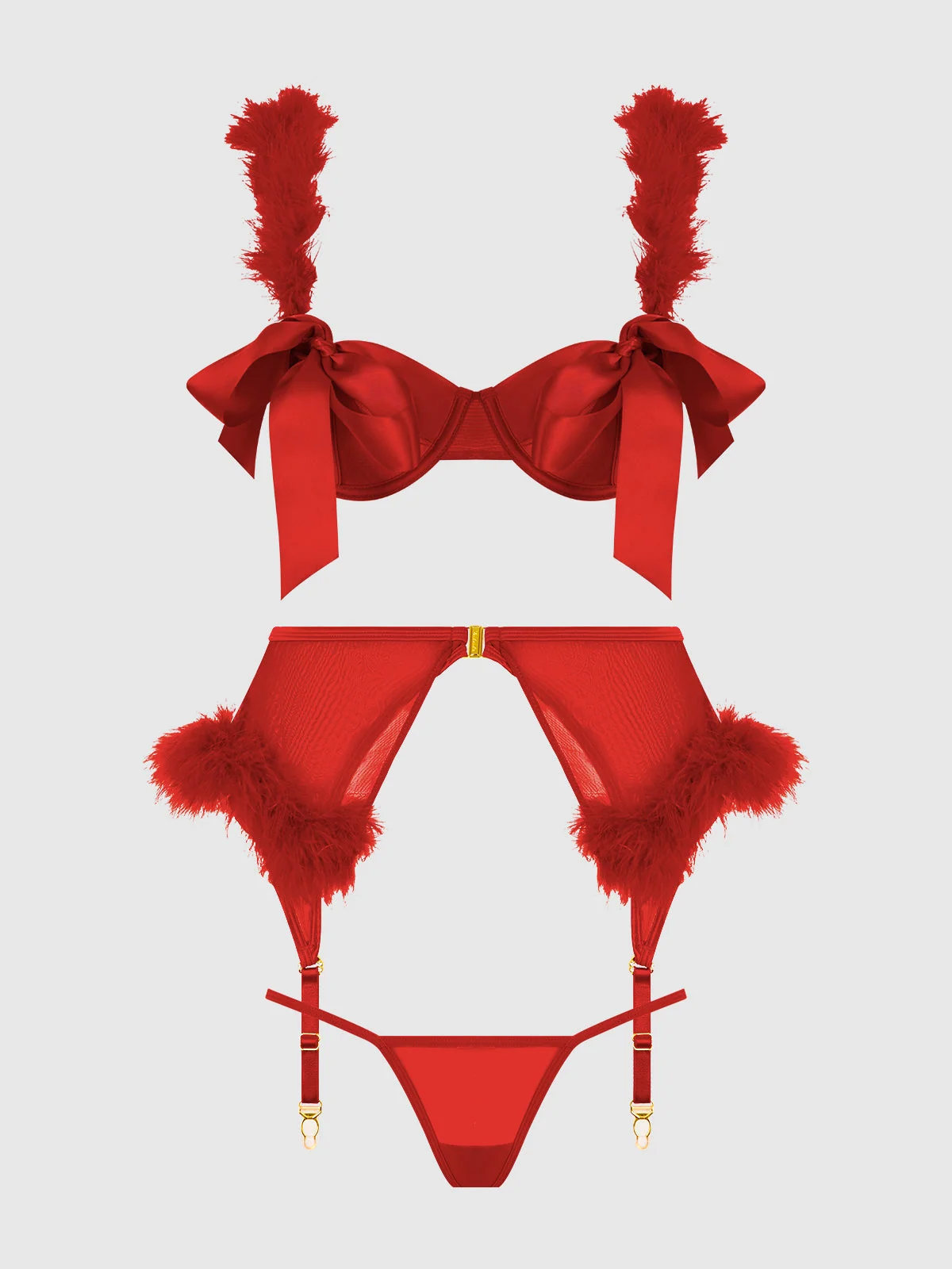 Scarlett Open Cup Marabou Bra, Garter and G-String Three-Piece Set