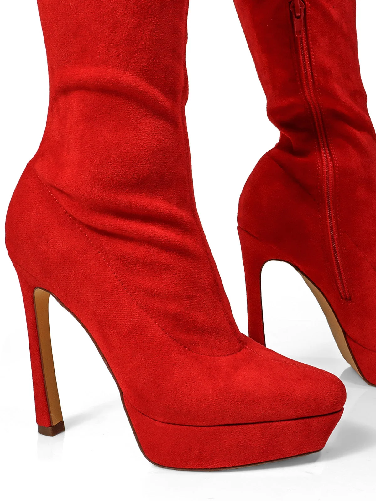 Jadore Stretchy Thigh High Boots in Red Suede