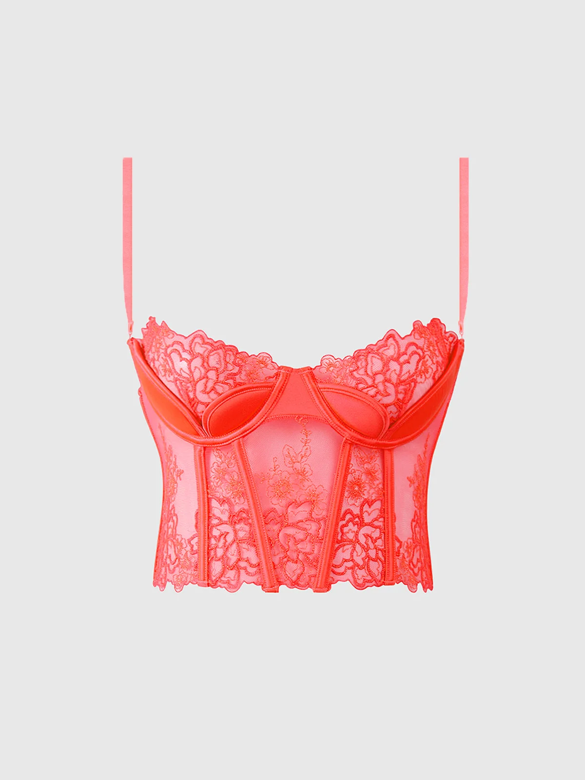 Wren Embroidered Tulip Demi Bustier in Coral