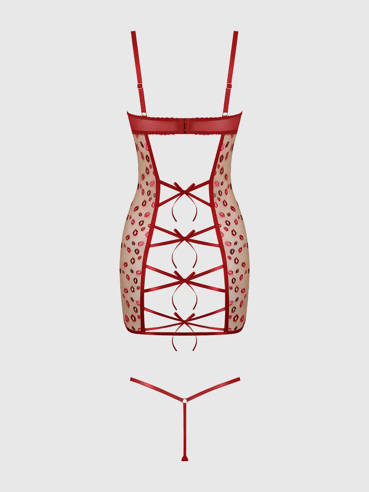 Angelica Lips Embroidery Open Bow Back Chemise Set