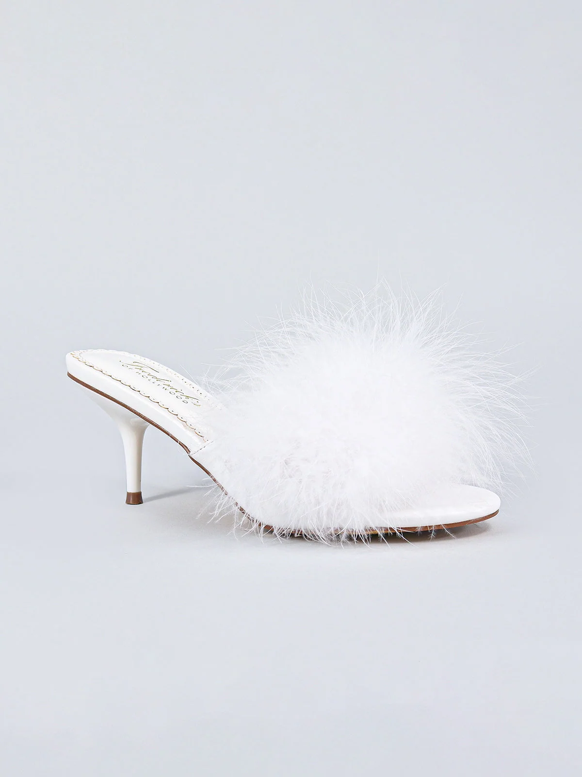 Luxor Feather Mule in White Kitten Heel