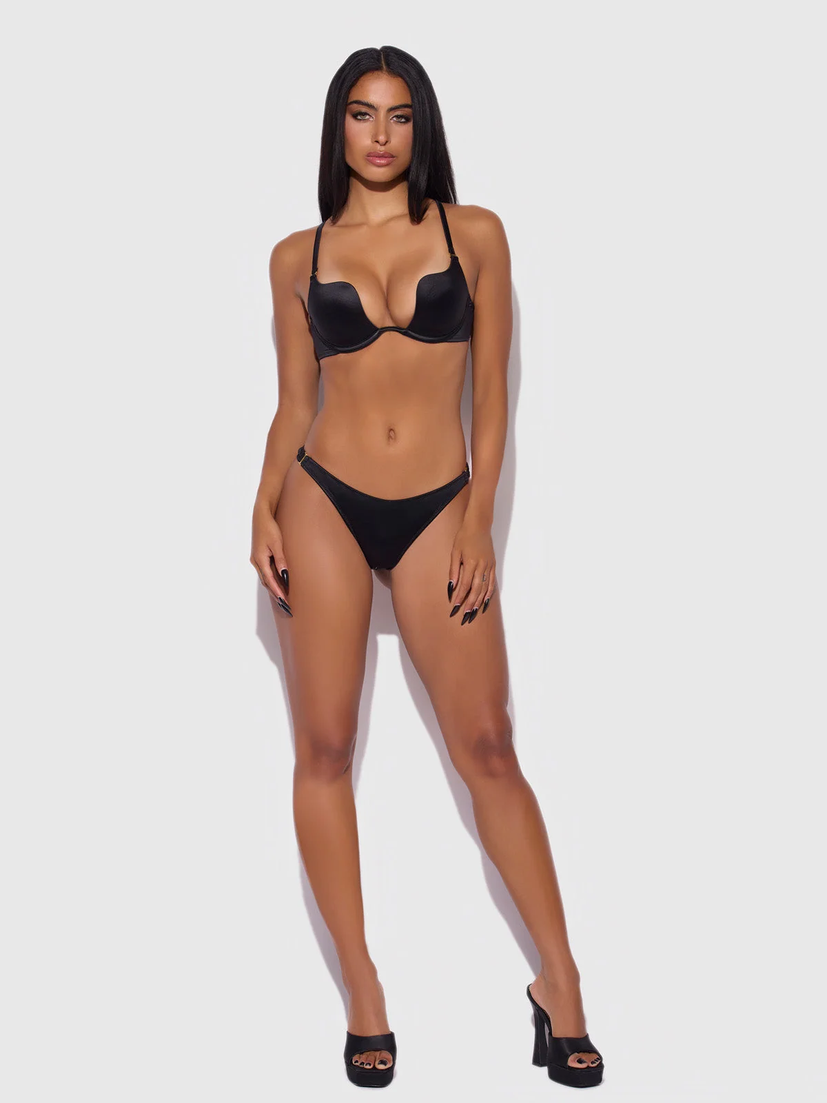 Rising Star Liquid Satin Crotchless Tanga in Black