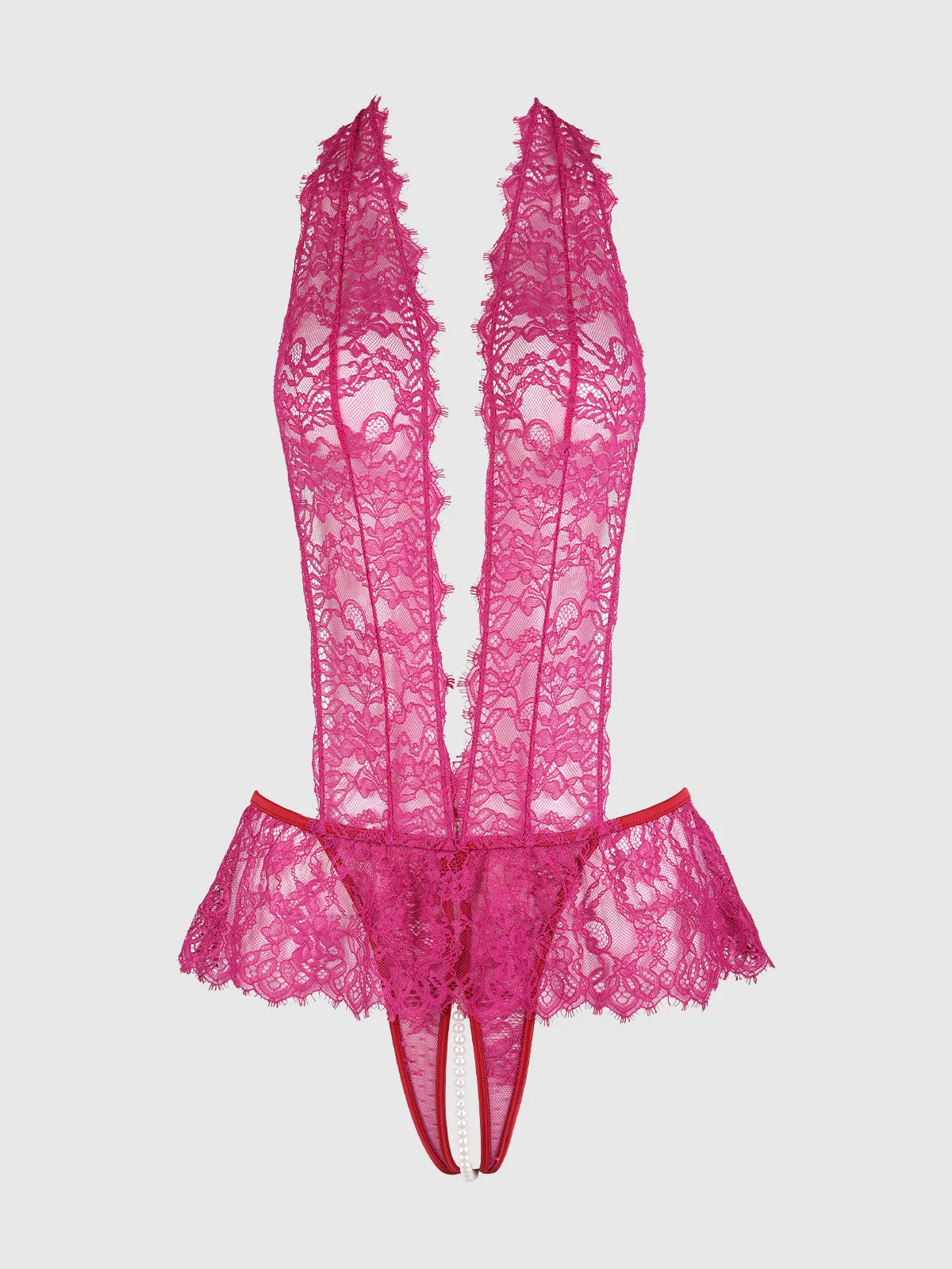 Rosalind Lace Crotchless & Pearl Teddy in Crimson Red Raspberry