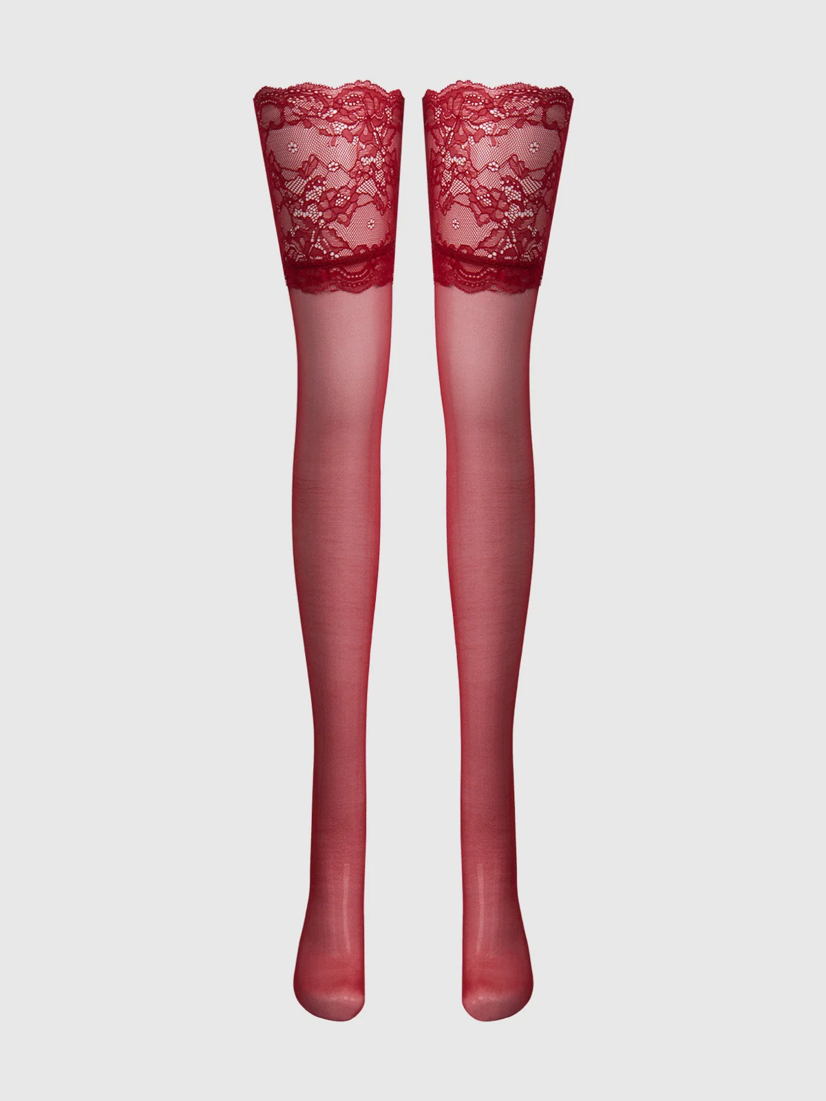 Frederick's of Hollywood Thigh High Sheer Stayups With Tall Lace Band in Crimson Red