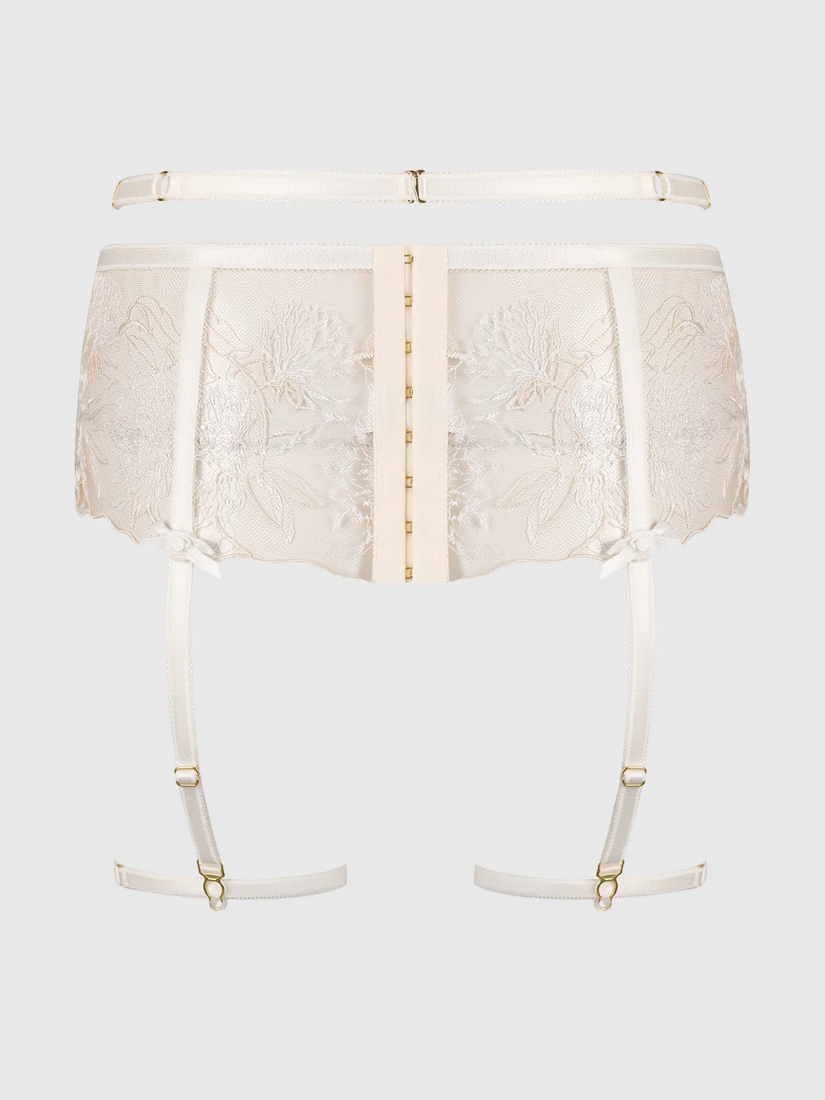 Delfina Embroidered Garter Belt With Thigh Garters in Pearl Ivory