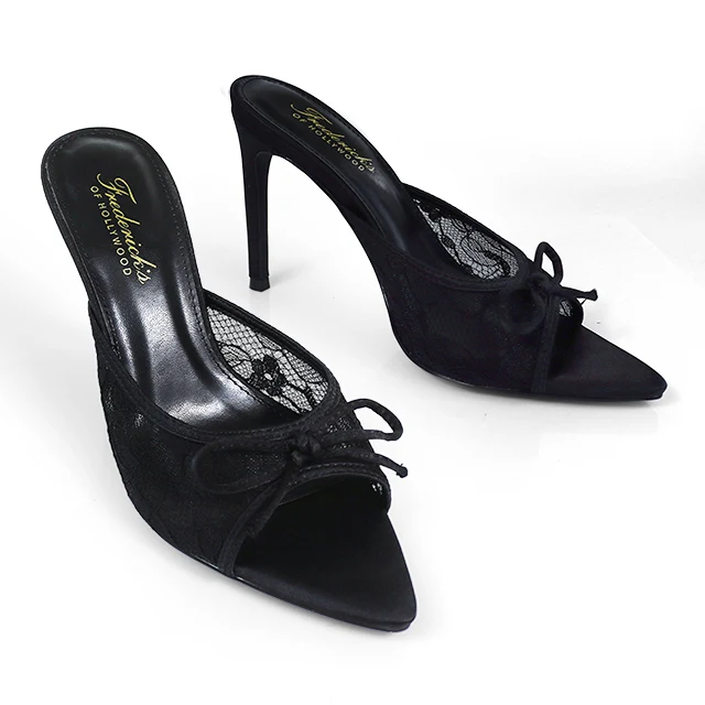 Lacey Pointed Toe Lace Bow Heels in Black