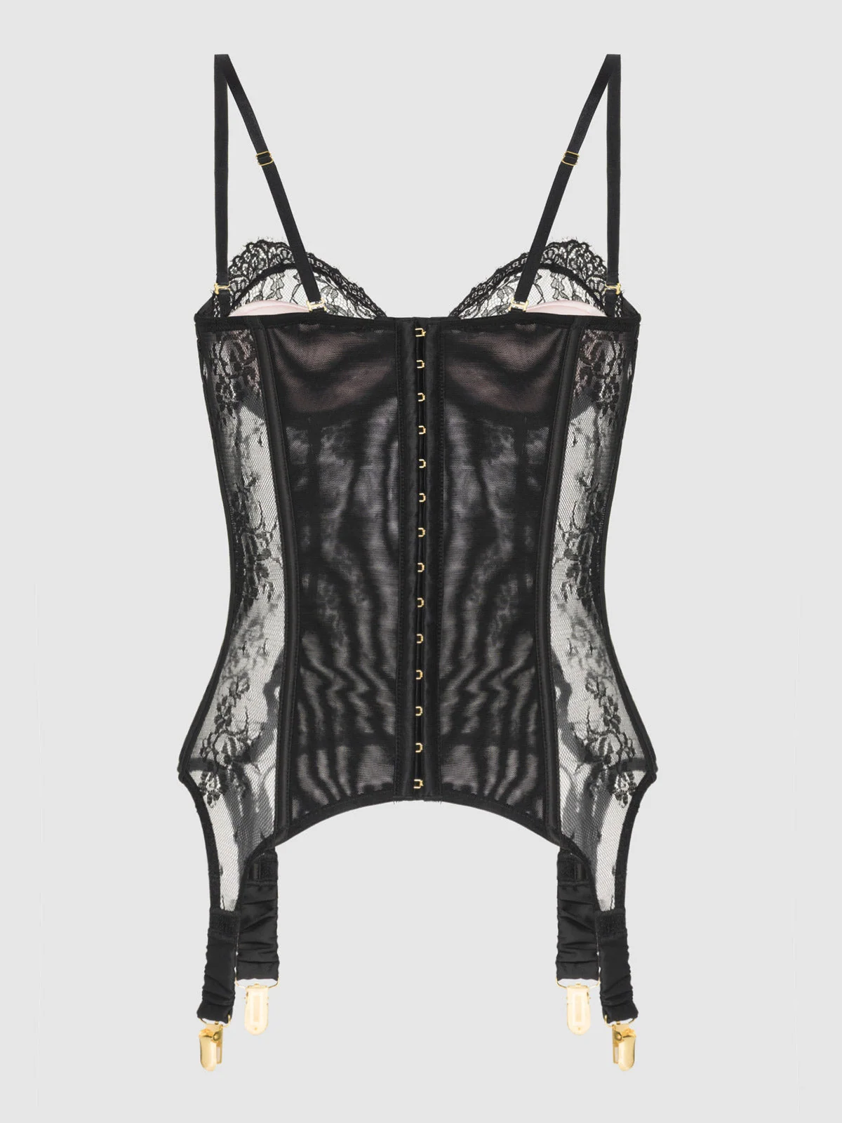 Rosalind Satin and Lace Underwire Lace Cup Corset in Black and Light Pink