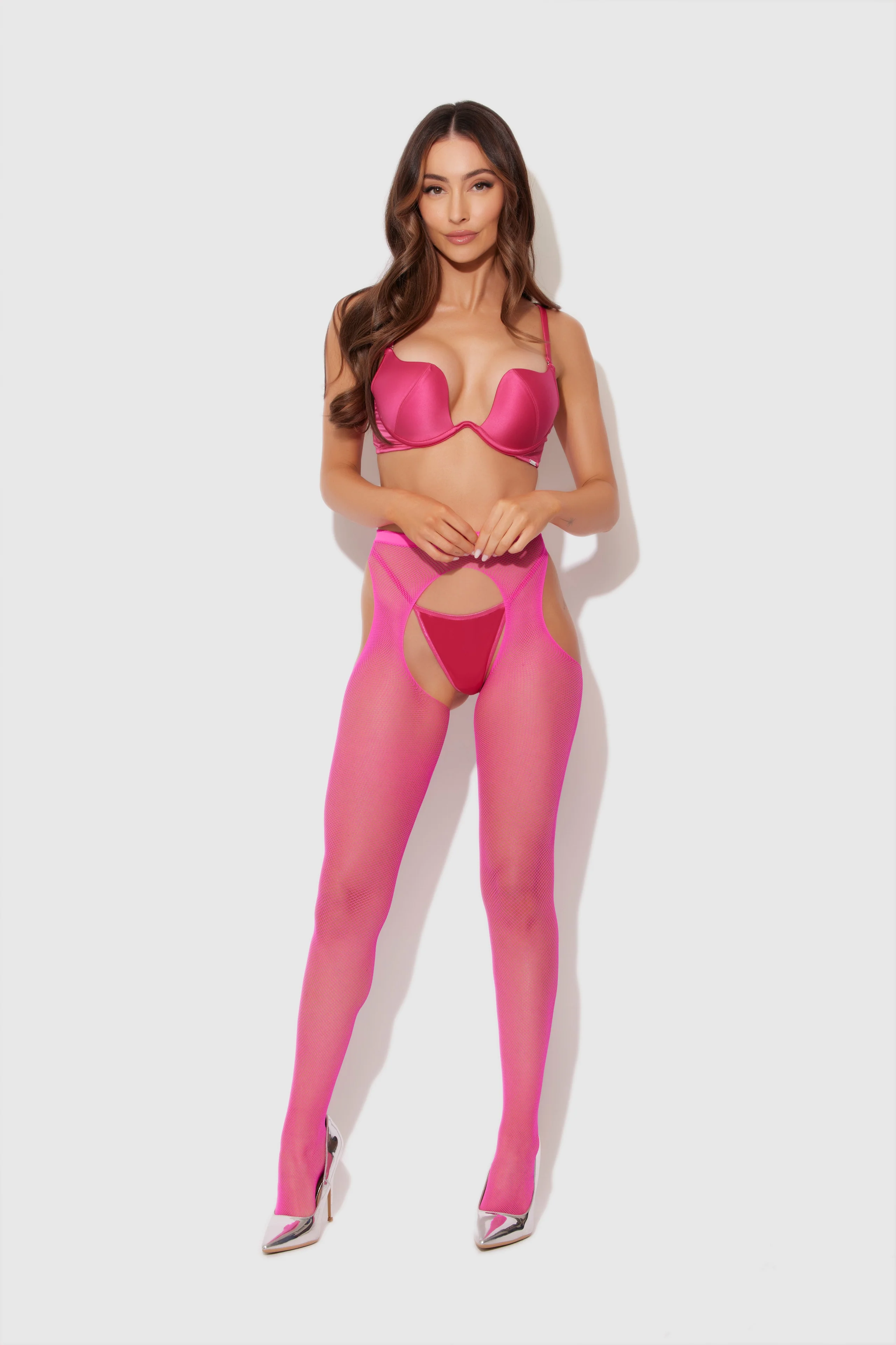Fishnet Fundies吊带开裆网眼连裤袜（Neon Pink）