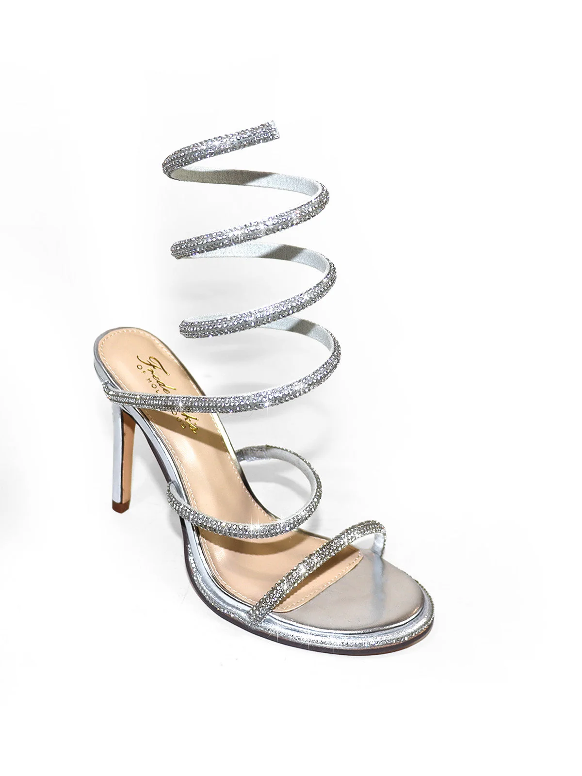Lexia Rhinestone Open-Toe Stiletto Heel in Silver