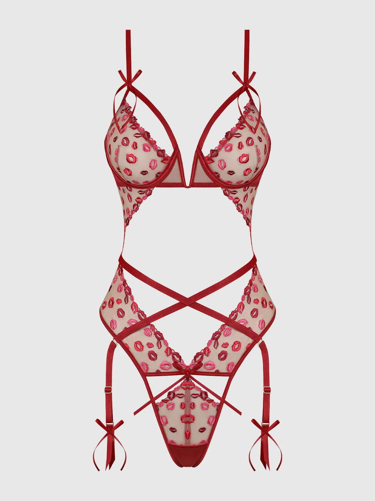 Angelica Lips Embroidery Cutout Teddy Lingerie