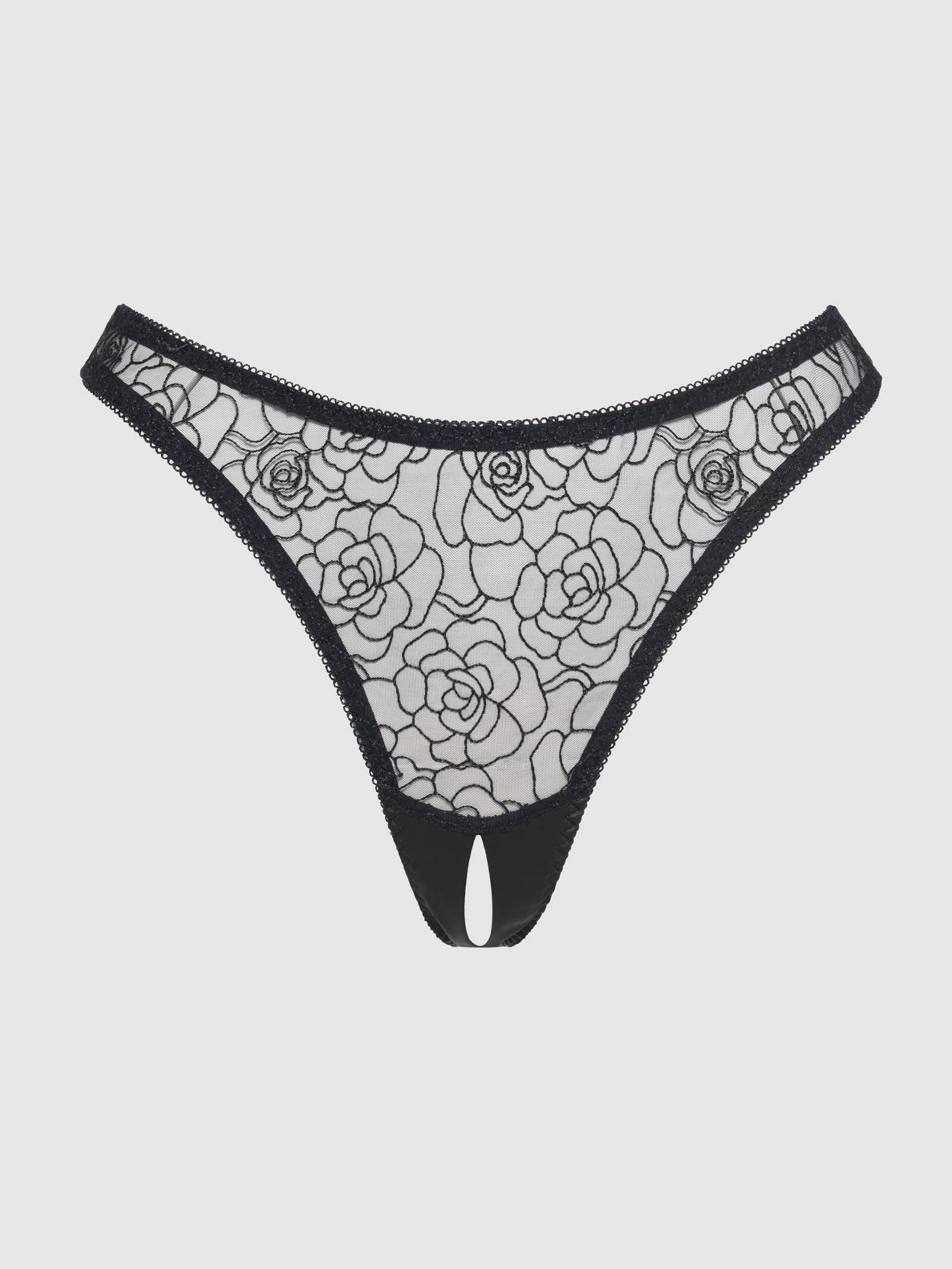 Melrose Embroidered Crotchless Tanga in Black