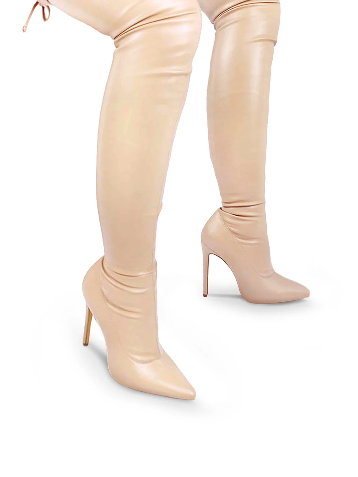 Heidi Stretch Over-the-Knee Boots in Nude Suede with Tie-Back Detail