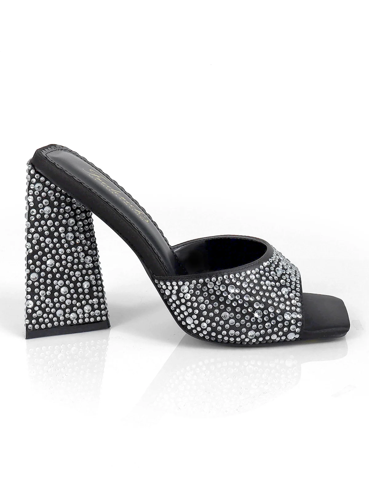 Darlene Mule Satin Rhinestone Heels in Black