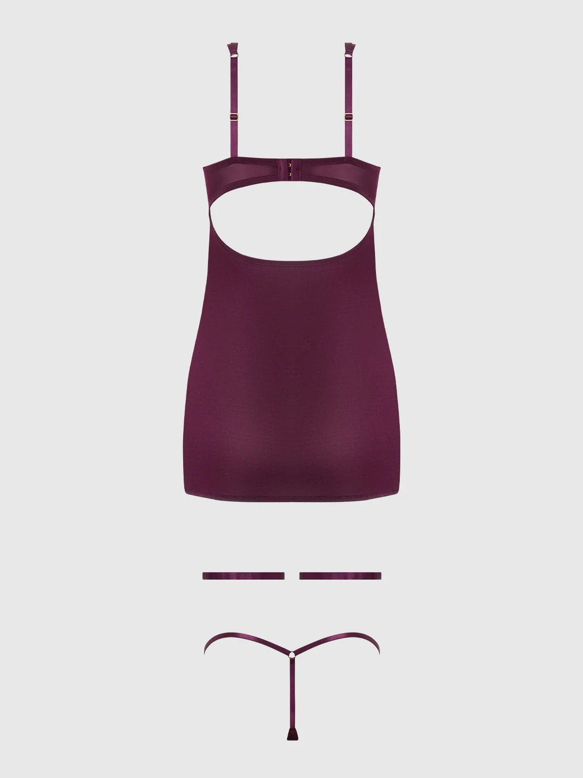 Pia Shine Mesh O-Ring Thigh Garter Chemise Set in Plum