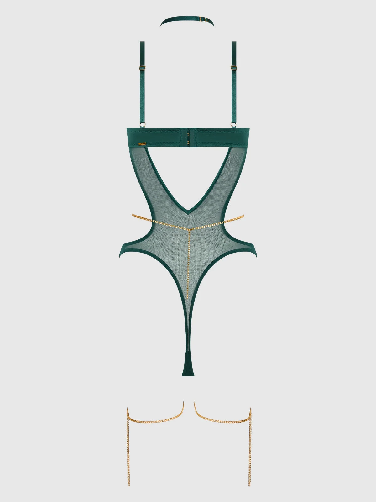 Emery Liquid Satin and Chain Halter Teddy in Emerald