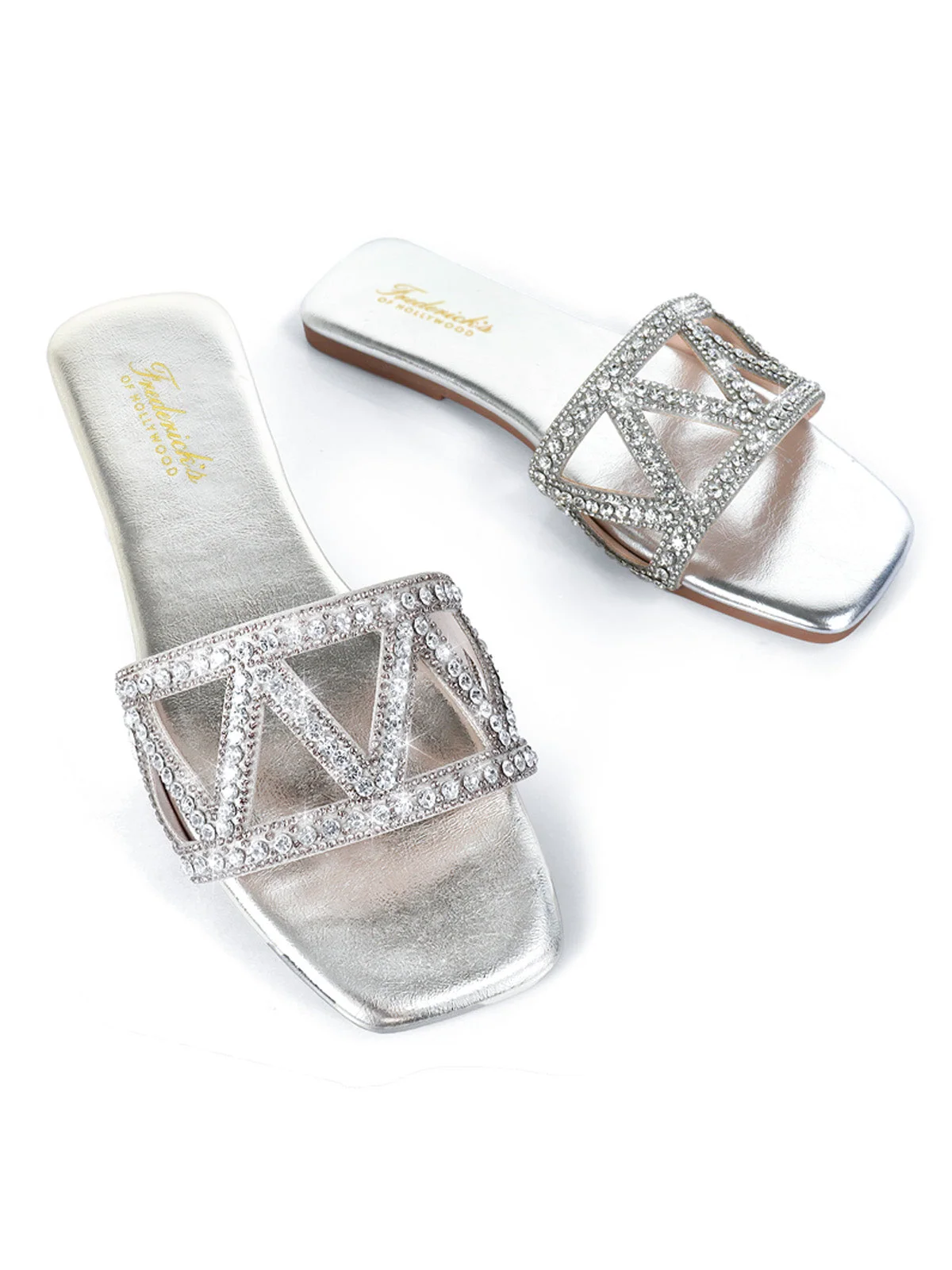Lucy Rhinestone Flat Sandal in Silver with Square Toe