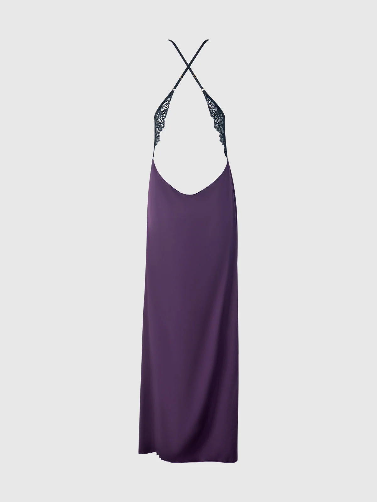 Rosalind Satin & Lace Long High Slit Gown in Purple Black