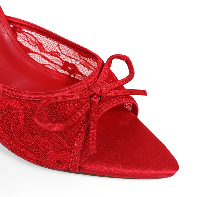 Lacey Pointed Toe Lace Bow Heels in Red