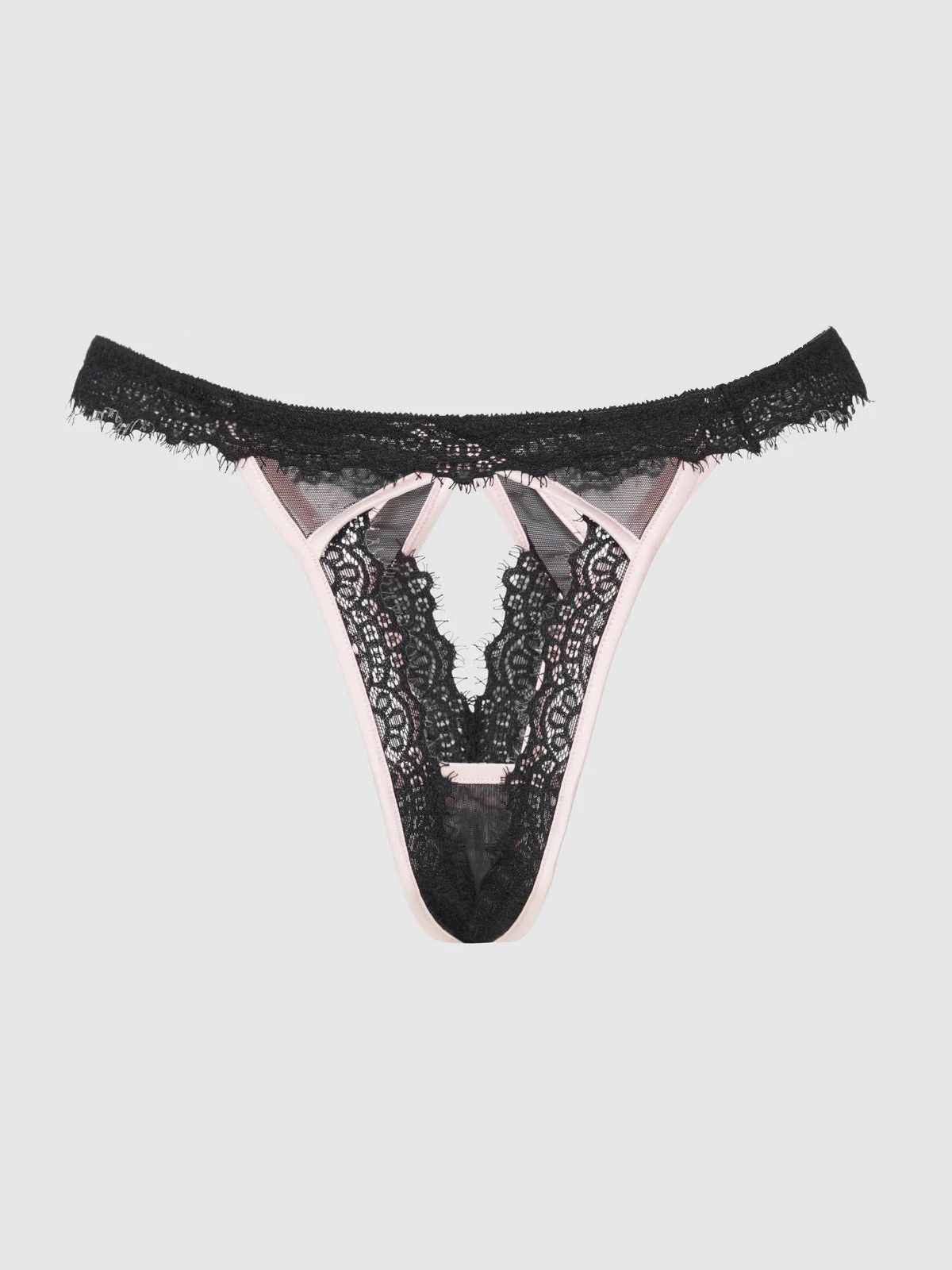 Rosalind Satin and Lace Trim High-Waist Tanga in Black and Light Pink