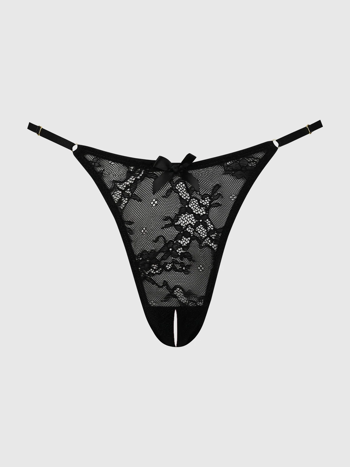 Pia Lace Crotchless Side Slider Thong in Black