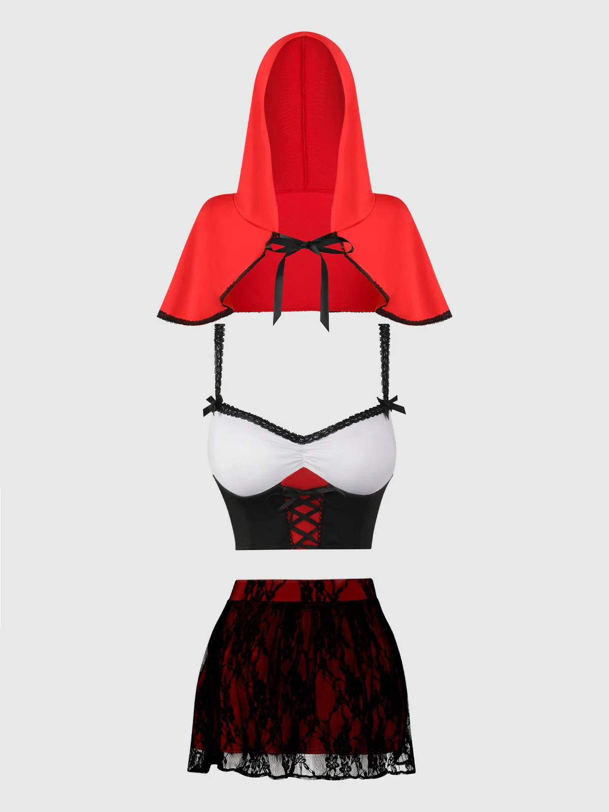 Lil Red Bustier, Micro Skirt & Hood Set in Red and Black