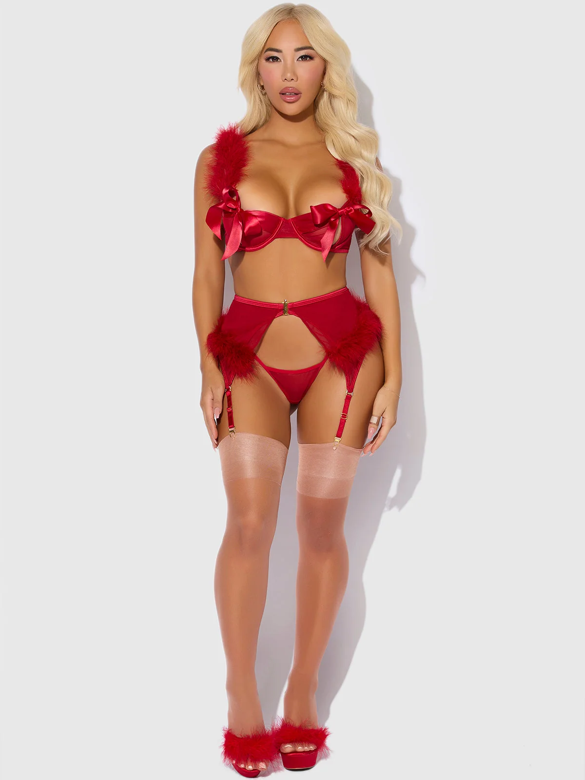 Scarlett Open Cup Marabou Bra, Garter and G-String Three-Piece Set