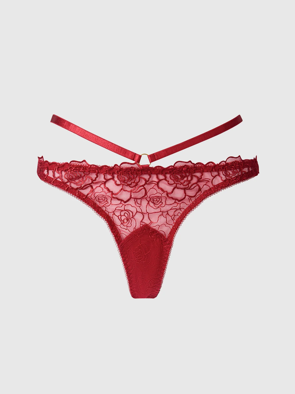 Melrose Embroidered Tanga in Crimson Red Stretch Mesh
