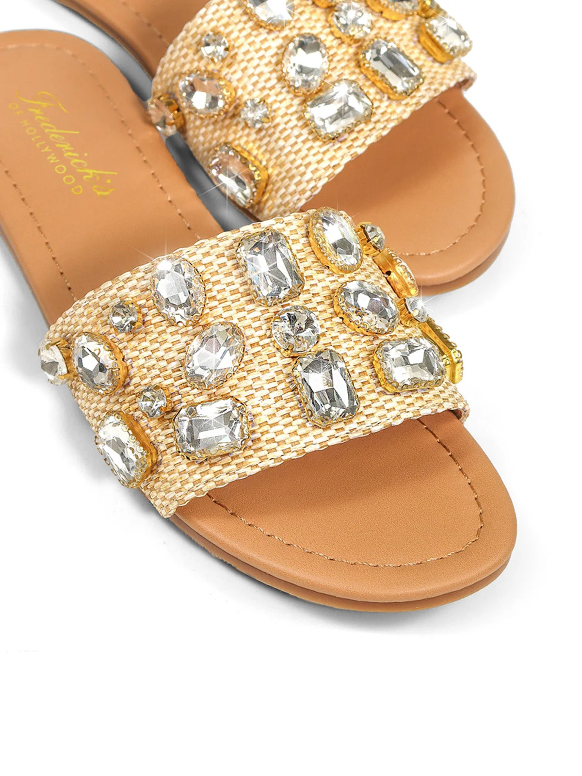 Delilah Open-Toe Flat Sandal with Rhinestones and Raffia Texture