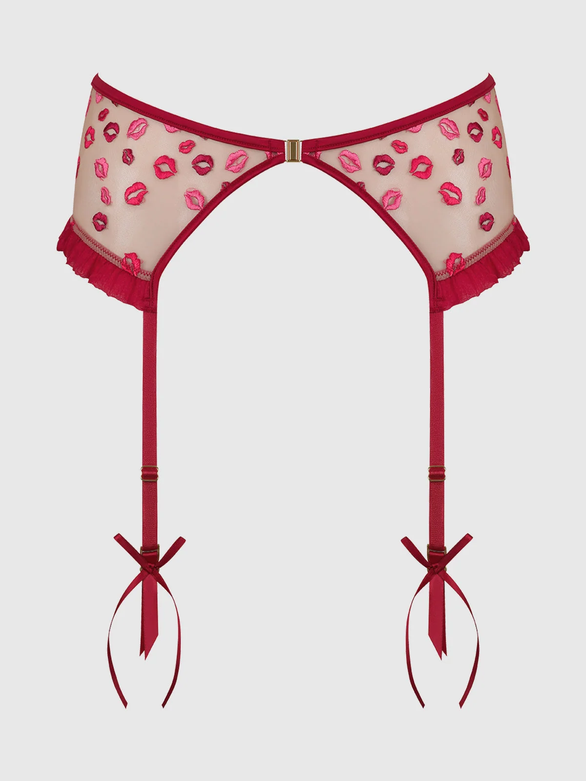 Angelica Lips Embroidery Garter Belt in Crimson Red Pink Dragon