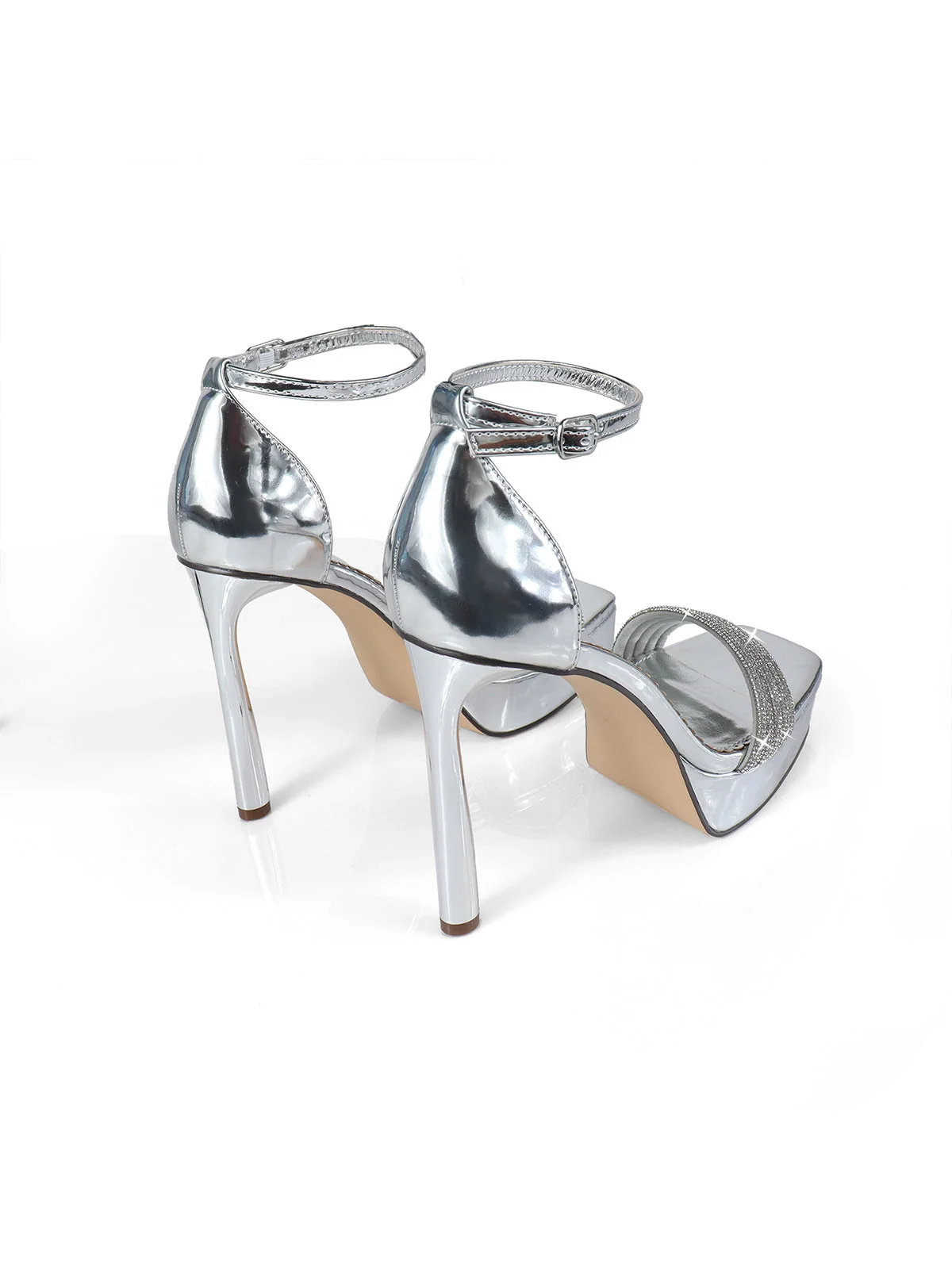 Denise Platform Heel in Silver Satin with Open Toe